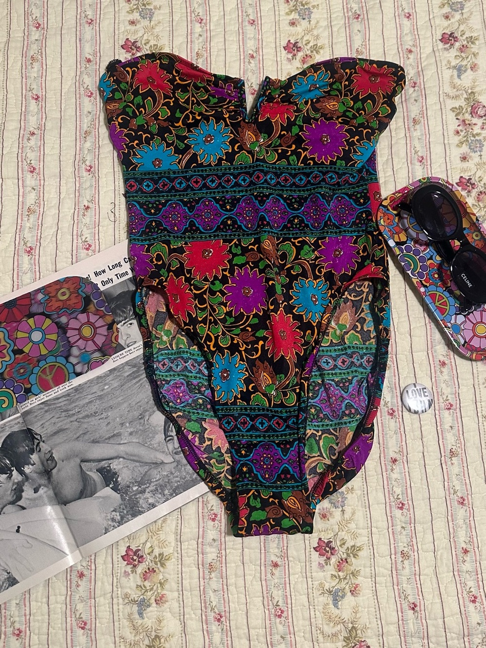Vintage 60s 70s Rose Marie Reid Psychedelic Floral One Piece Swimsuit Mod XS SM
